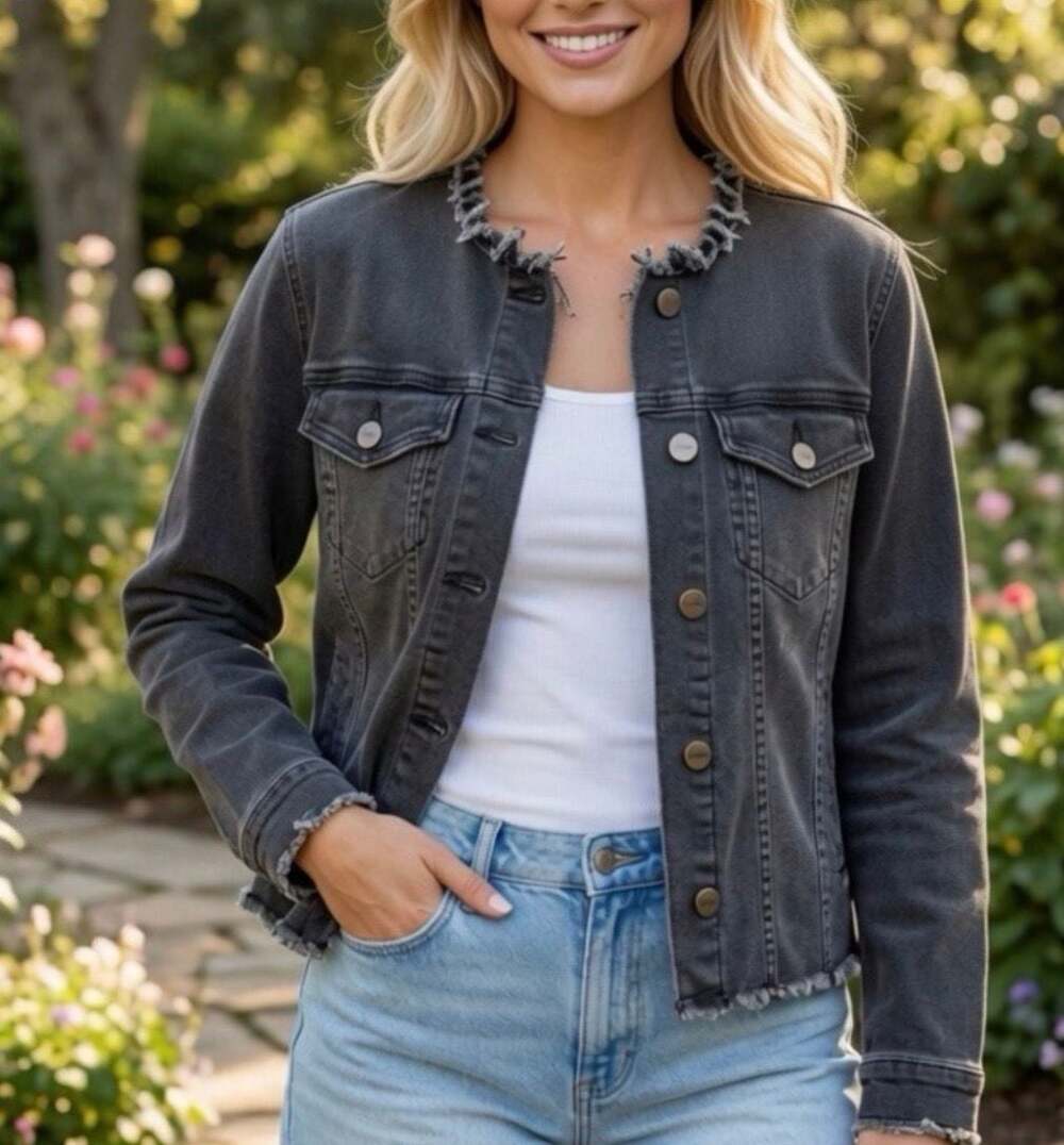 Sanctuary Raw Edge Collarless Denim Jacket in Black Wash sz small